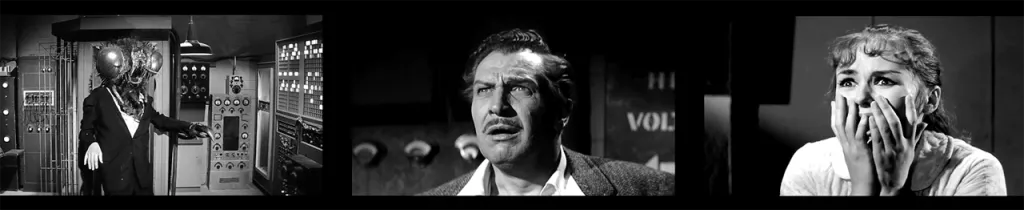 Brett Halsey, Vincent Price and Danielle De Metz in the 1959 sequel The Return of the Fly / 20th Century Fox
