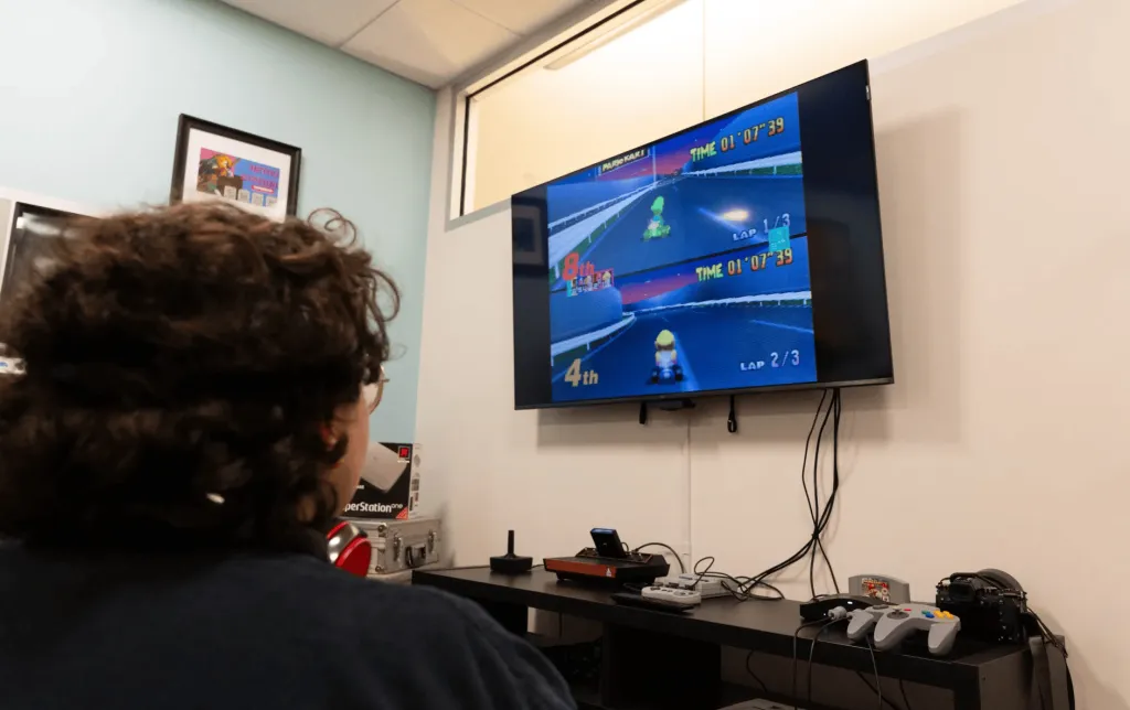 Students can play “Mario Kart 64” on an original Nintendo 64 console.